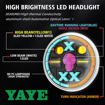 YAYE 5.75 Inch GN125 Yellow White LED Accessory Red Skull Motorcycle High Low Beam DRL Headlight with Optical Lens